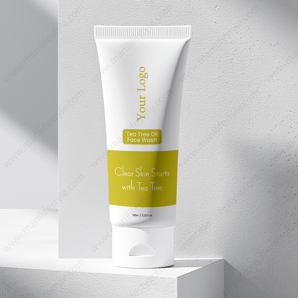 Tea Tree Oil face wash product tube with fresh tea tree leaves